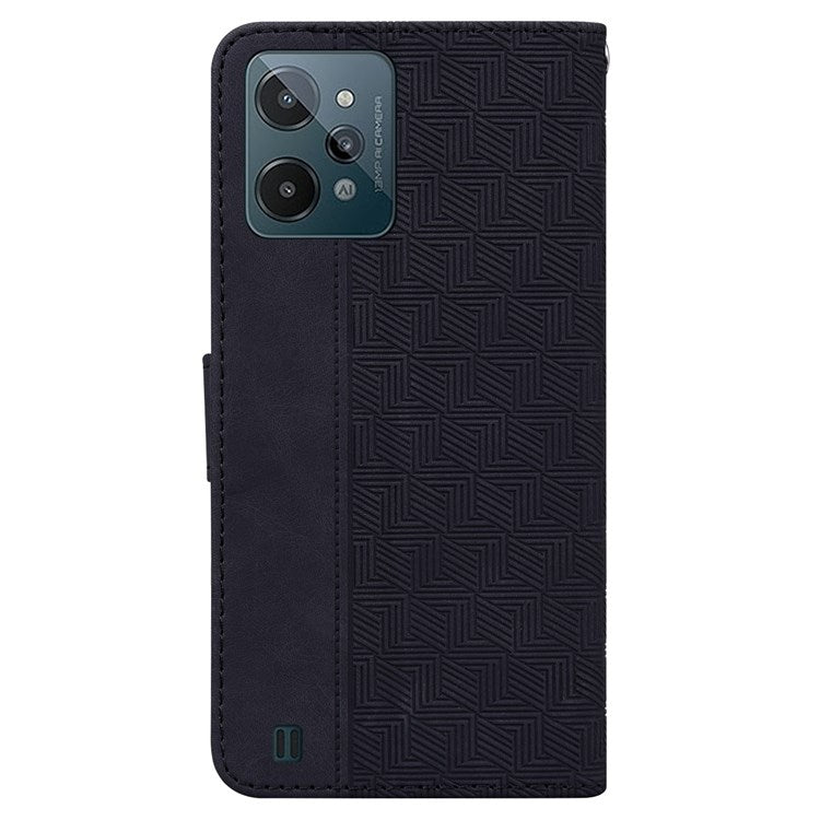 For Realme C31 PU Leather Case Stand Wallet Geometric Pattern Imprinted Protective Cover with Wrist Strap - Black