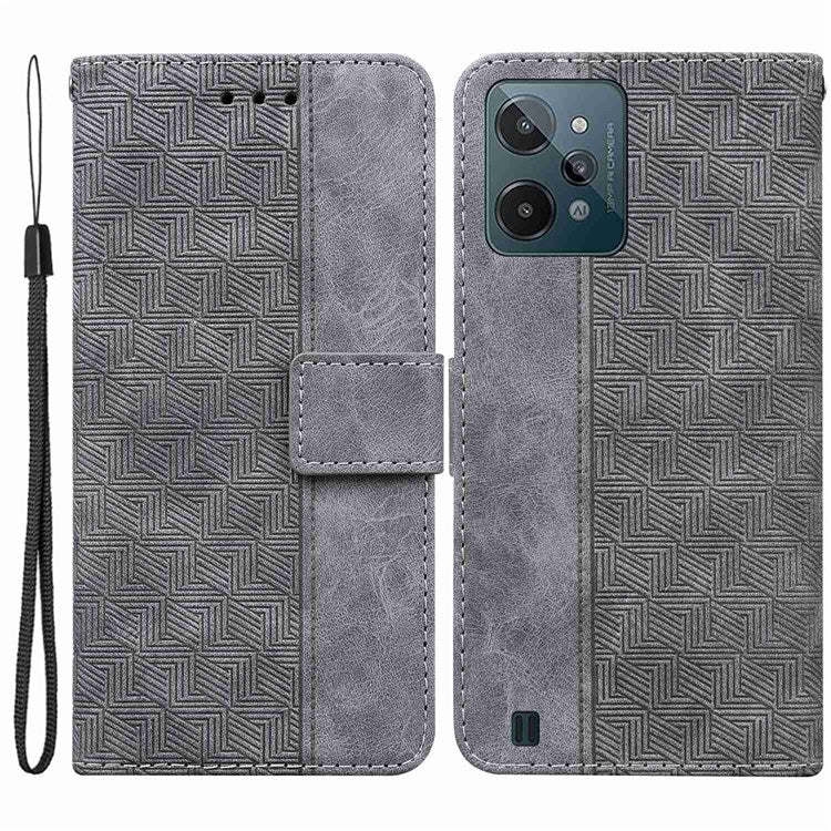 For Realme C31 PU Leather Case Stand Wallet Geometric Pattern Imprinted Protective Cover with Wrist Strap - Grey