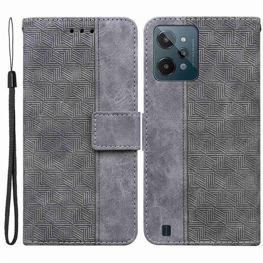 For Realme C31 PU Leather Case Stand Wallet Geometric Pattern Imprinted Protective Cover with Wrist Strap - Grey