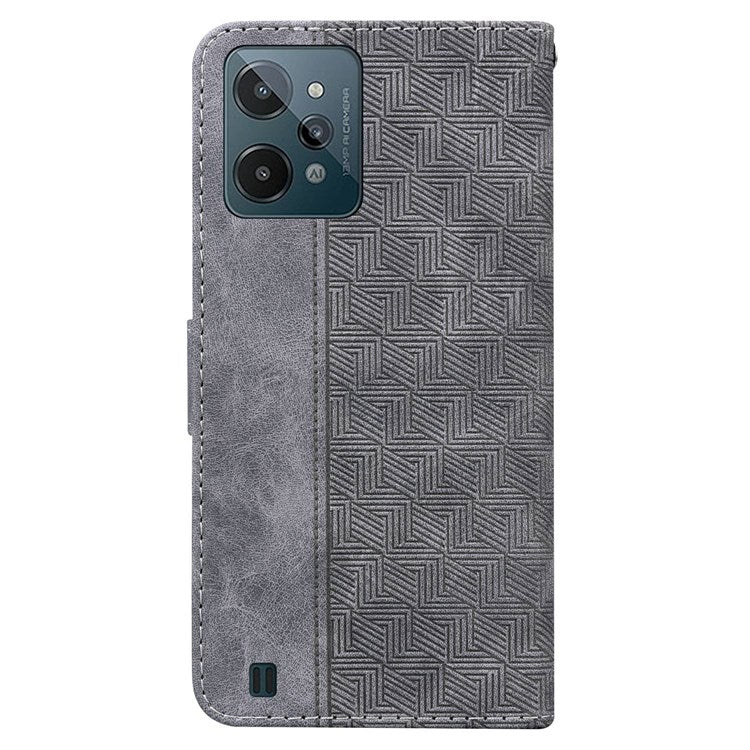 For Realme C31 PU Leather Case Stand Wallet Geometric Pattern Imprinted Protective Cover with Wrist Strap - Grey