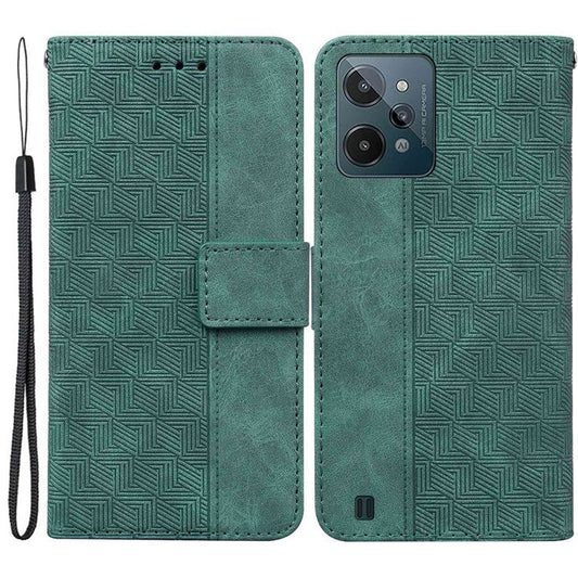 For Realme C31 PU Leather Case Stand Wallet Geometric Pattern Imprinted Protective Cover with Wrist Strap - Green