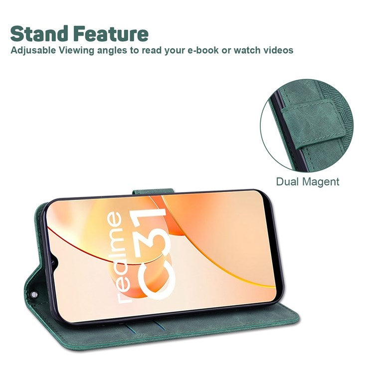 For Realme C31 PU Leather Case Stand Wallet Geometric Pattern Imprinted Protective Cover with Wrist Strap - Green