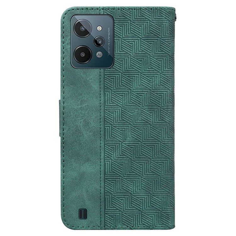 For Realme C31 PU Leather Case Stand Wallet Geometric Pattern Imprinted Protective Cover with Wrist Strap - Green