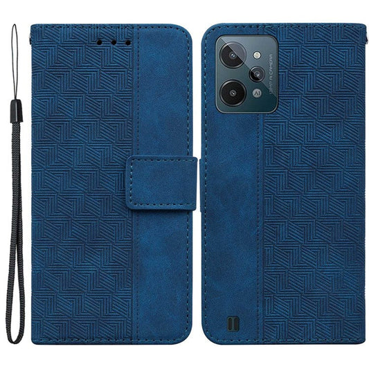 For Realme C31 PU Leather Case Stand Wallet Geometric Pattern Imprinted Protective Cover with Wrist Strap - Blue
