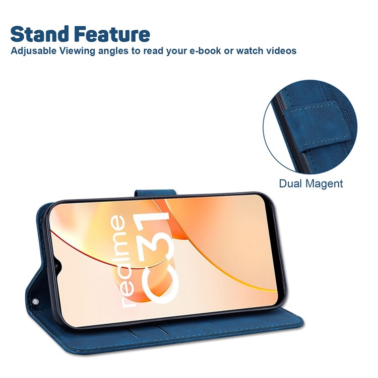 For Realme C31 PU Leather Case Stand Wallet Geometric Pattern Imprinted Protective Cover with Wrist Strap - Blue
