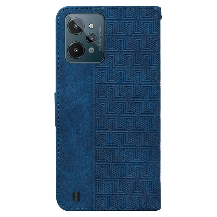 For Realme C31 PU Leather Case Stand Wallet Geometric Pattern Imprinted Protective Cover with Wrist Strap - Blue