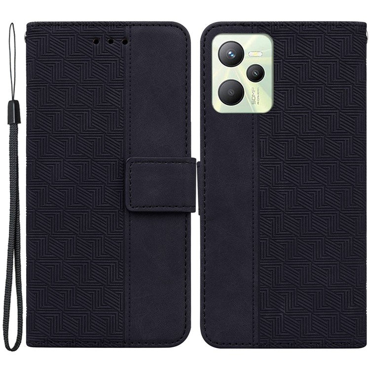 For Realme C35 Geometric Pattern Imprinted PU Leather + TPU Wallet Phone Case Stand Shell with Wrist Strap - Black