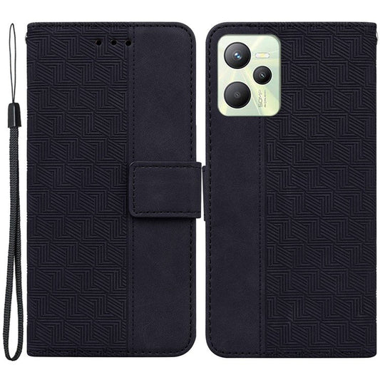 For Realme C35 Geometric Pattern Imprinted PU Leather + TPU Wallet Phone Case Stand Shell with Wrist Strap - Black