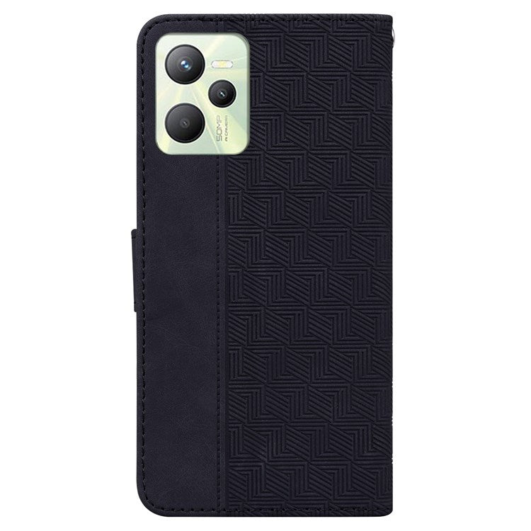 For Realme C35 Geometric Pattern Imprinted PU Leather + TPU Wallet Phone Case Stand Shell with Wrist Strap - Black