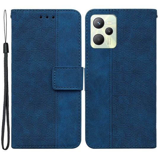For Realme C35 Geometric Pattern Imprinted PU Leather + TPU Wallet Phone Case Stand Shell with Wrist Strap - Blue