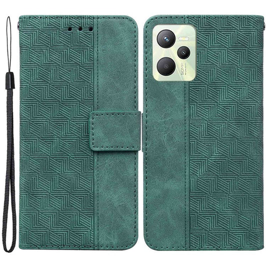 For Realme C35 Geometric Pattern Imprinted PU Leather + TPU Wallet Phone Case Stand Shell with Wrist Strap - Green