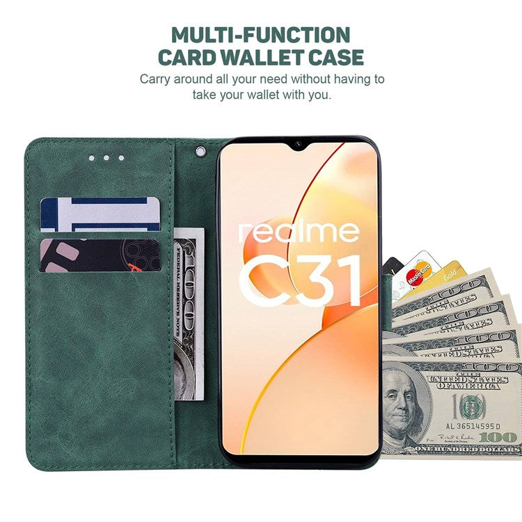 For Realme C35 Geometric Pattern Imprinted PU Leather + TPU Wallet Phone Case Stand Shell with Wrist Strap - Green
