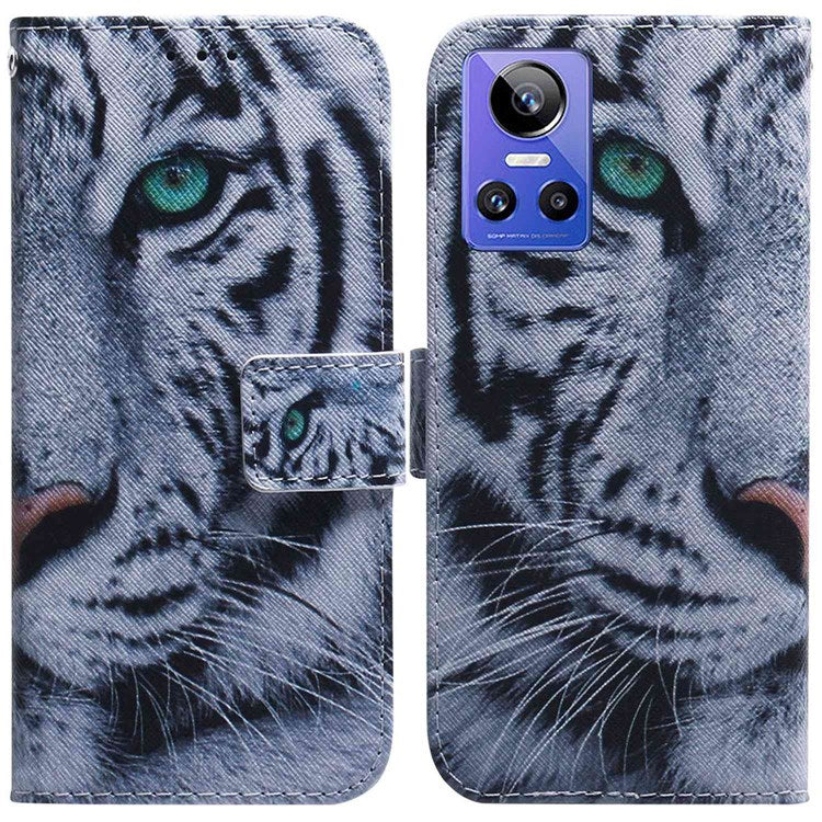 For Realme GT Neo3 Pattern Printing Side Cash Pocket Wallet Case Stand Feature Protective PU Leather Flip Cover - Tiger Head