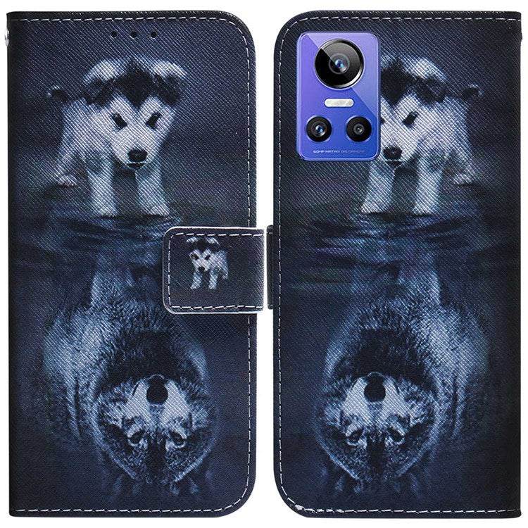 For Realme GT Neo3 Pattern Printing Side Cash Pocket Wallet Case Stand Feature Protective PU Leather Flip Cover - Dog and Wolf