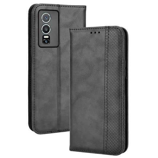 For vivo Y76 5G Mosaic Imprinted Retro Leather Magnetic Auto Closing Flip Case Stand Wallet Phone Cover - Black