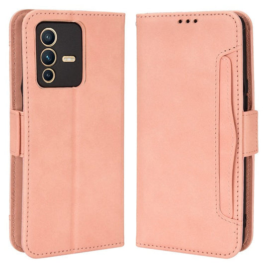 For vivo S12/V23 5G Card Slots Shockproof PU Leather Wallet Protective Case Stand Phone Cover - Pink