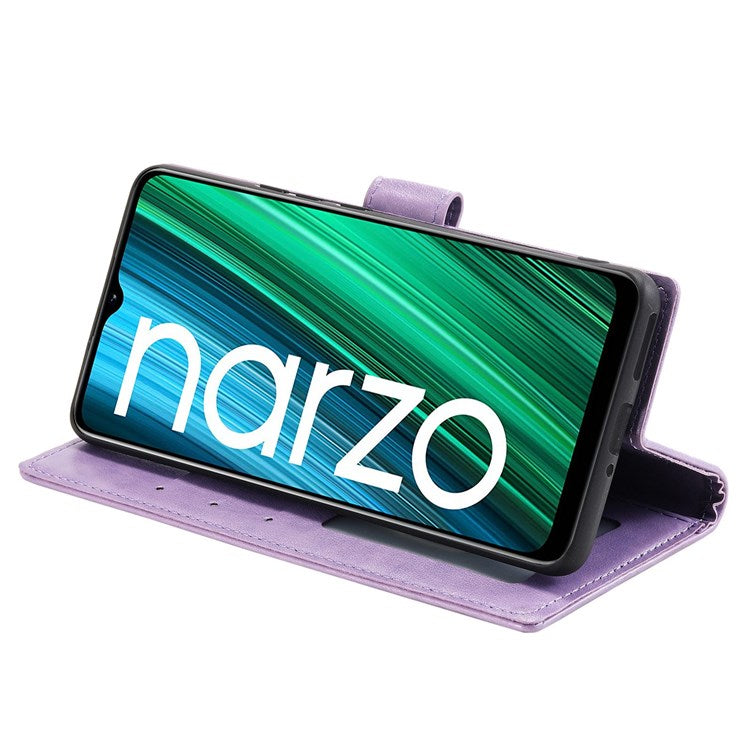 For Realme Narzo 50A PU Leather Phone Flip Cover, Wallet Stand Design Well-protected Imprinted Mandala Flower Phone Case - Purple