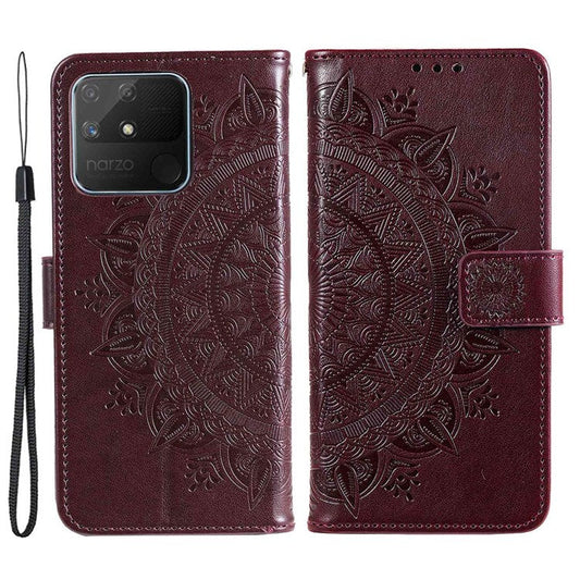 For Realme Narzo 50A PU Leather Phone Flip Cover, Wallet Stand Design Well-protected Imprinted Mandala Flower Phone Case - Brown