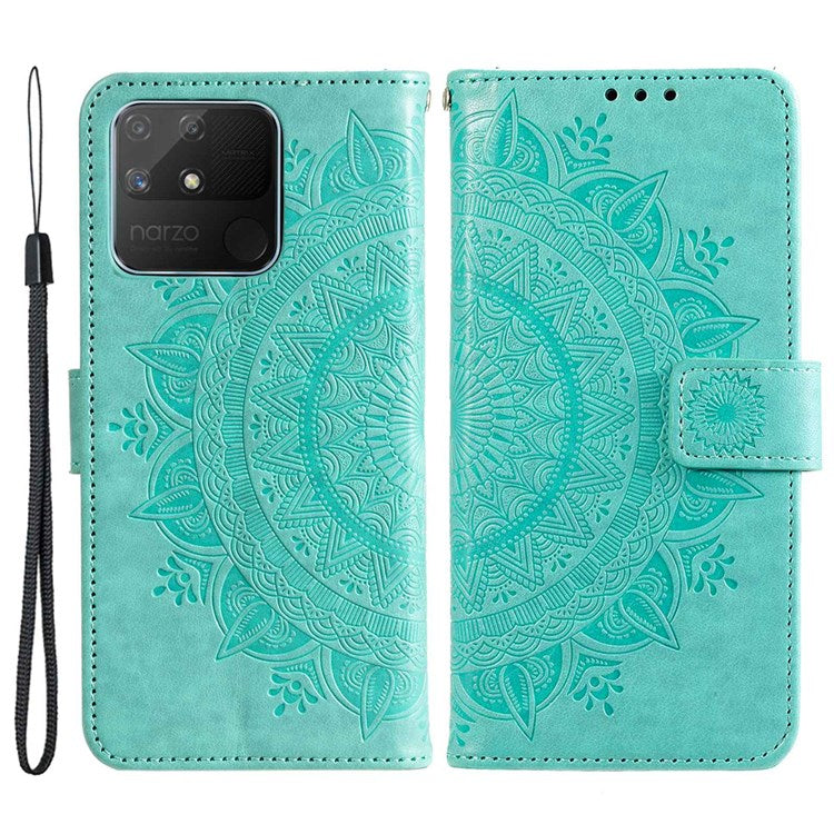 For Realme Narzo 50A PU Leather Phone Flip Cover, Wallet Stand Design Well-protected Imprinted Mandala Flower Phone Case - Green