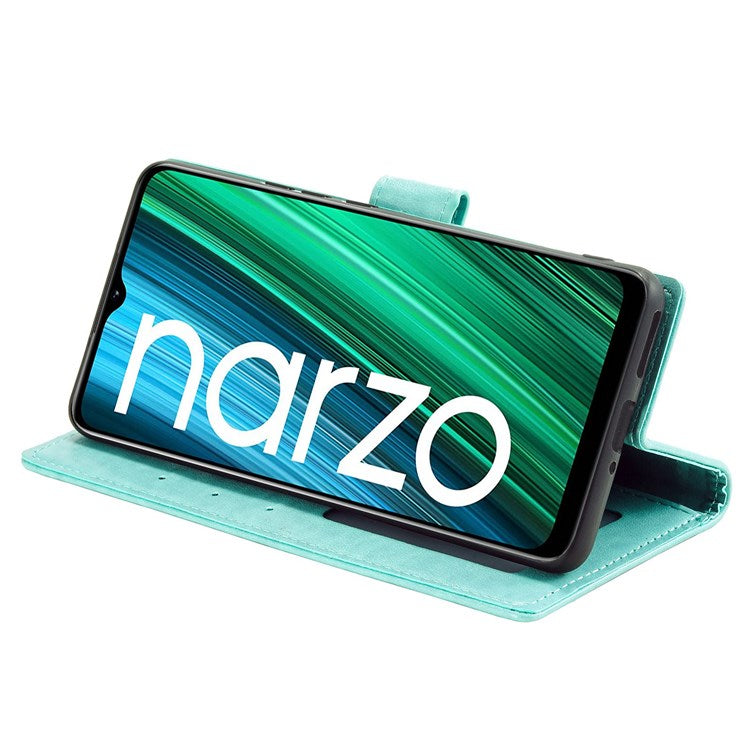 For Realme Narzo 50A PU Leather Phone Flip Cover, Wallet Stand Design Well-protected Imprinted Mandala Flower Phone Case - Green