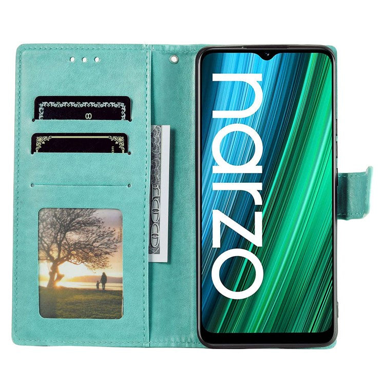 For Realme Narzo 50A PU Leather Phone Flip Cover, Wallet Stand Design Well-protected Imprinted Mandala Flower Phone Case - Green