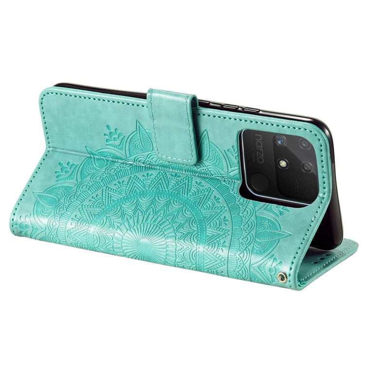 For Realme Narzo 50A PU Leather Phone Flip Cover, Wallet Stand Design Well-protected Imprinted Mandala Flower Phone Case - Green