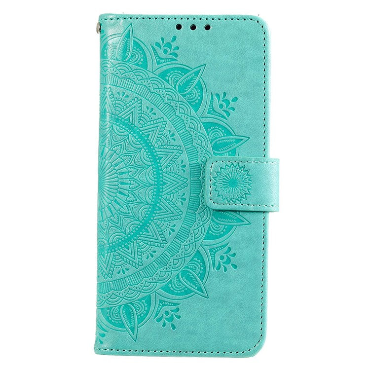 For Realme Narzo 50A PU Leather Phone Flip Cover, Wallet Stand Design Well-protected Imprinted Mandala Flower Phone Case - Green