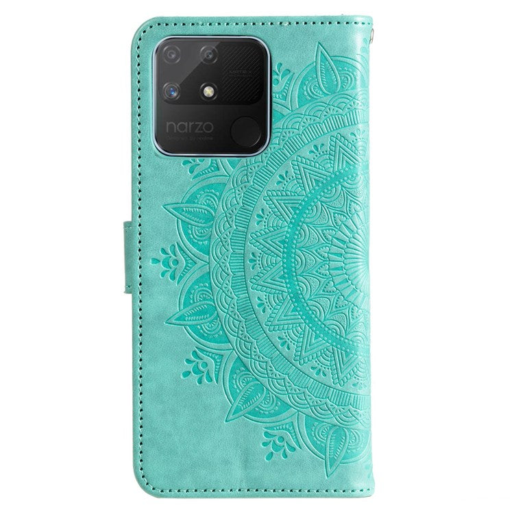 For Realme Narzo 50A PU Leather Phone Flip Cover, Wallet Stand Design Well-protected Imprinted Mandala Flower Phone Case - Green