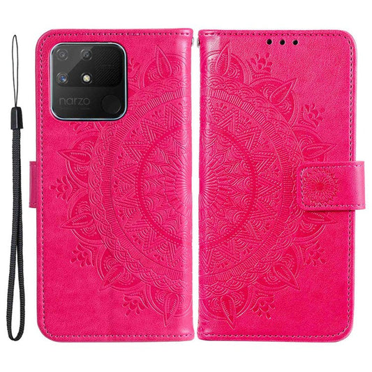 For Realme Narzo 50A PU Leather Phone Flip Cover, Wallet Stand Design Well-protected Imprinted Mandala Flower Phone Case - Rose