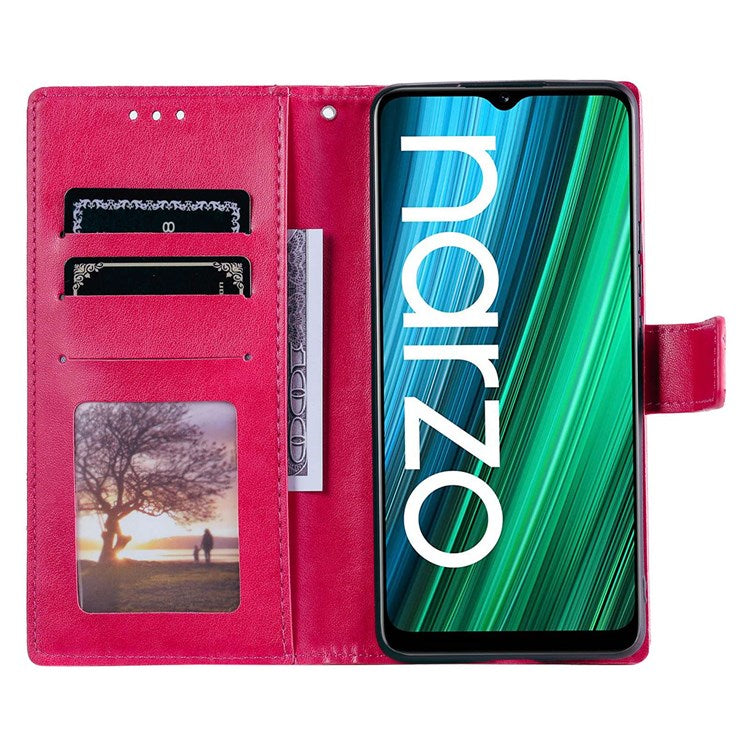 For Realme Narzo 50A PU Leather Phone Flip Cover, Wallet Stand Design Well-protected Imprinted Mandala Flower Phone Case - Rose