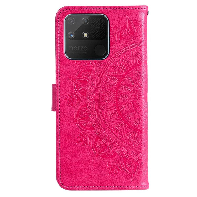 For Realme Narzo 50A PU Leather Phone Flip Cover, Wallet Stand Design Well-protected Imprinted Mandala Flower Phone Case - Rose