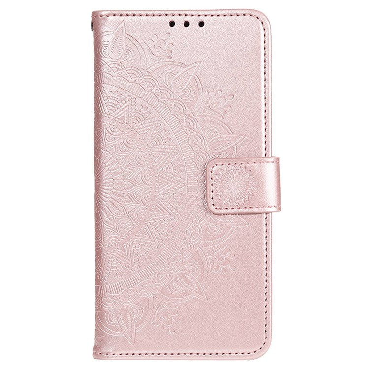 For Realme Narzo 50A PU Leather Phone Flip Cover, Wallet Stand Design Well-protected Imprinted Mandala Flower Phone Case - Rose Gold