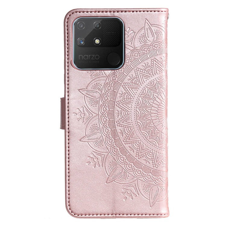 For Realme Narzo 50A PU Leather Phone Flip Cover, Wallet Stand Design Well-protected Imprinted Mandala Flower Phone Case - Rose Gold