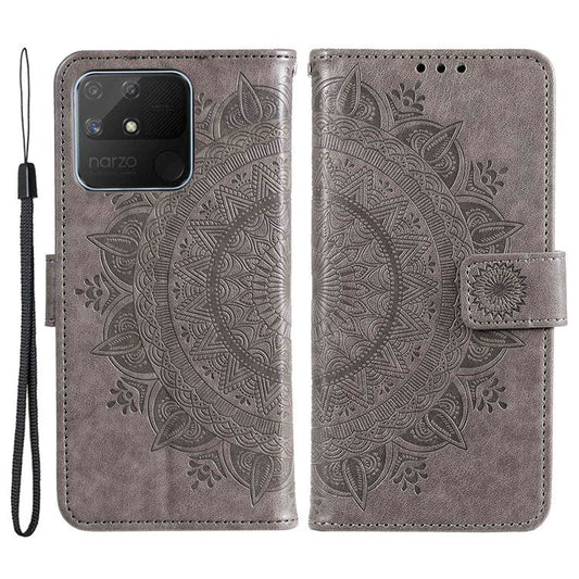 For Realme Narzo 50A PU Leather Phone Flip Cover, Wallet Stand Design Well-protected Imprinted Mandala Flower Phone Case - Grey