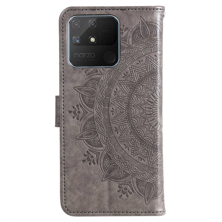 For Realme Narzo 50A PU Leather Phone Flip Cover, Wallet Stand Design Well-protected Imprinted Mandala Flower Phone Case - Grey