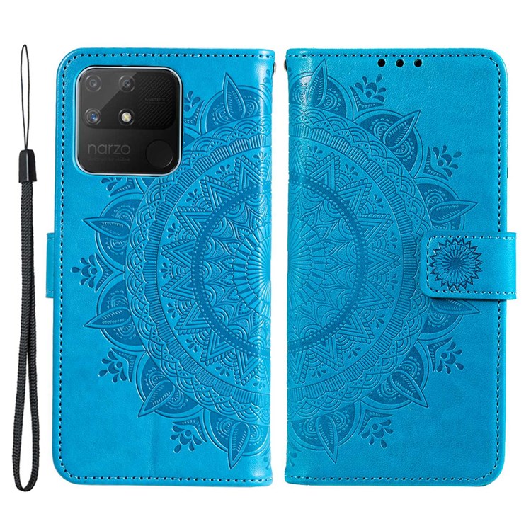 For Realme Narzo 50A PU Leather Phone Flip Cover, Wallet Stand Design Well-protected Imprinted Mandala Flower Phone Case - Blue