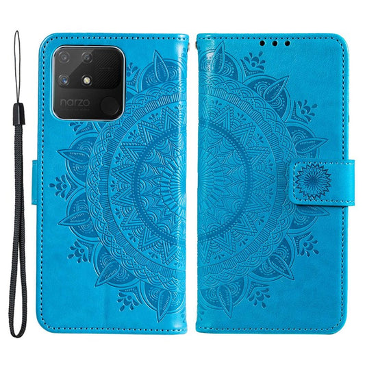 For Realme Narzo 50A PU Leather Phone Flip Cover, Wallet Stand Design Well-protected Imprinted Mandala Flower Phone Case - Blue