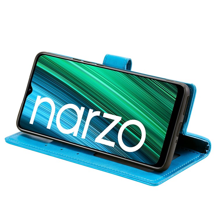 For Realme Narzo 50A PU Leather Phone Flip Cover, Wallet Stand Design Well-protected Imprinted Mandala Flower Phone Case - Blue