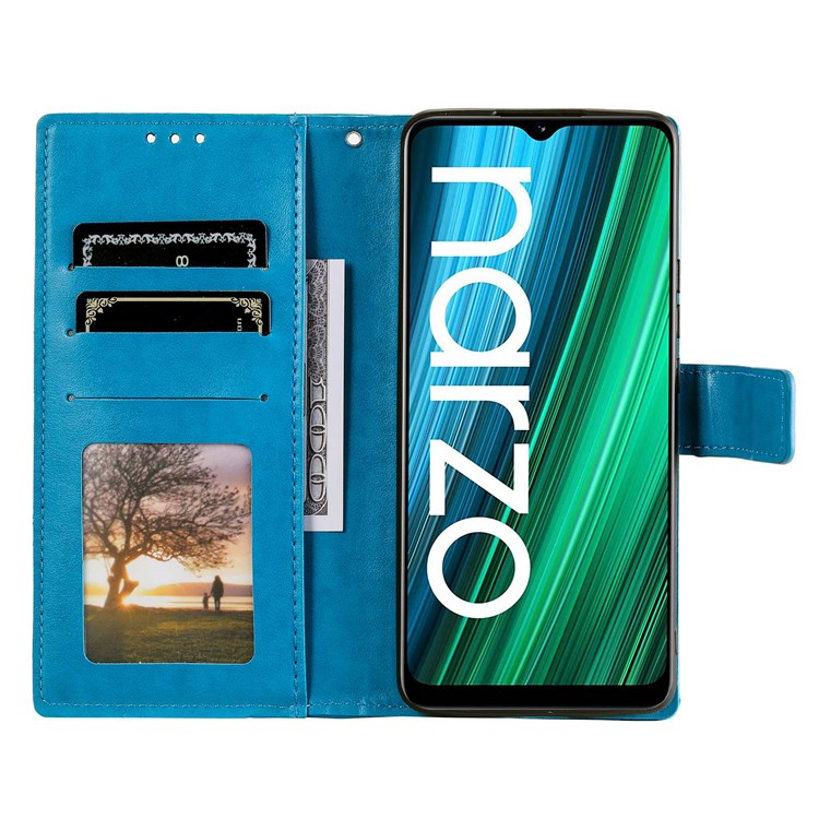 For Realme Narzo 50A PU Leather Phone Flip Cover, Wallet Stand Design Well-protected Imprinted Mandala Flower Phone Case - Blue