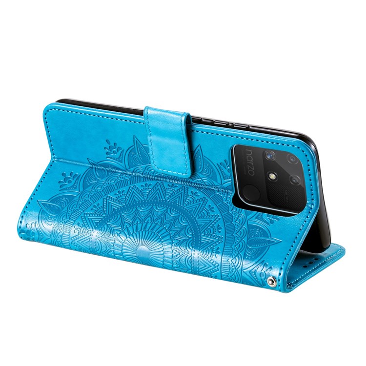 For Realme Narzo 50A PU Leather Phone Flip Cover, Wallet Stand Design Well-protected Imprinted Mandala Flower Phone Case - Blue