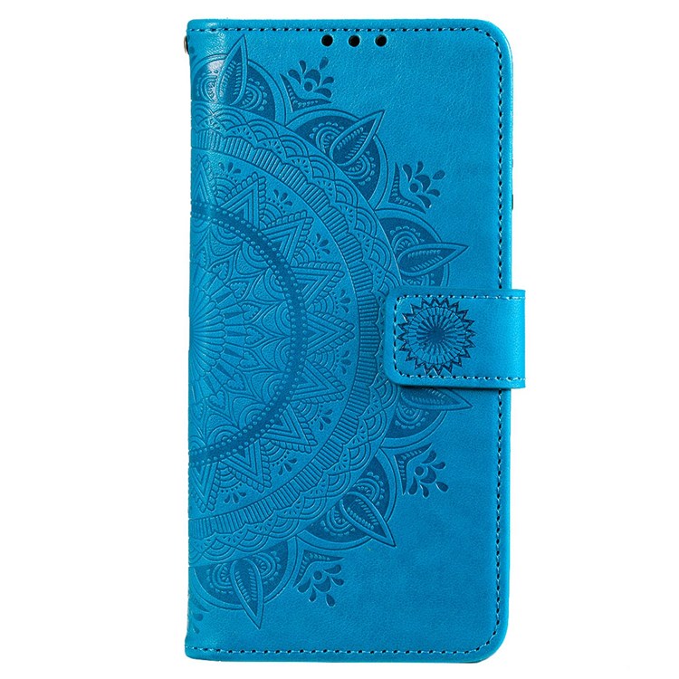 For Realme Narzo 50A PU Leather Phone Flip Cover, Wallet Stand Design Well-protected Imprinted Mandala Flower Phone Case - Blue