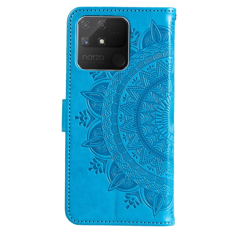 For Realme Narzo 50A PU Leather Phone Flip Cover, Wallet Stand Design Well-protected Imprinted Mandala Flower Phone Case - Blue