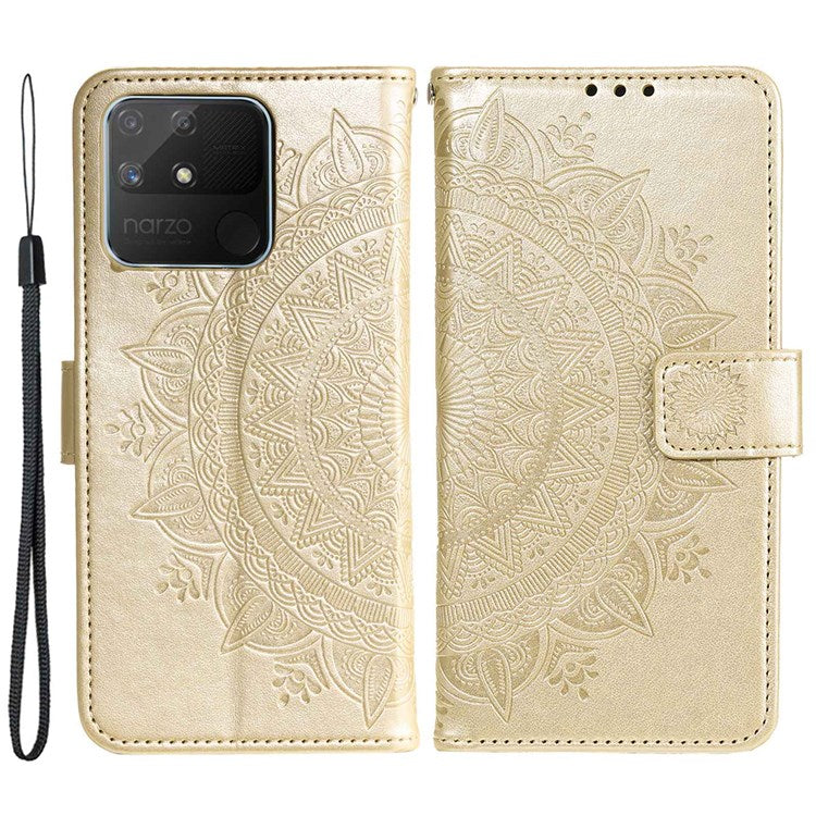 For Realme Narzo 50A PU Leather Phone Flip Cover, Wallet Stand Design Well-protected Imprinted Mandala Flower Phone Case - Gold