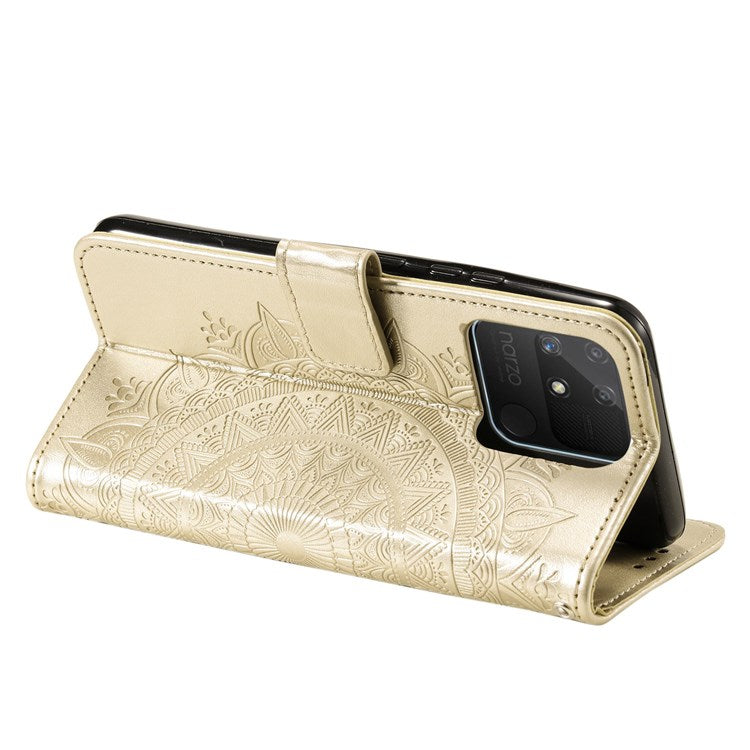 For Realme Narzo 50A PU Leather Phone Flip Cover, Wallet Stand Design Well-protected Imprinted Mandala Flower Phone Case - Gold