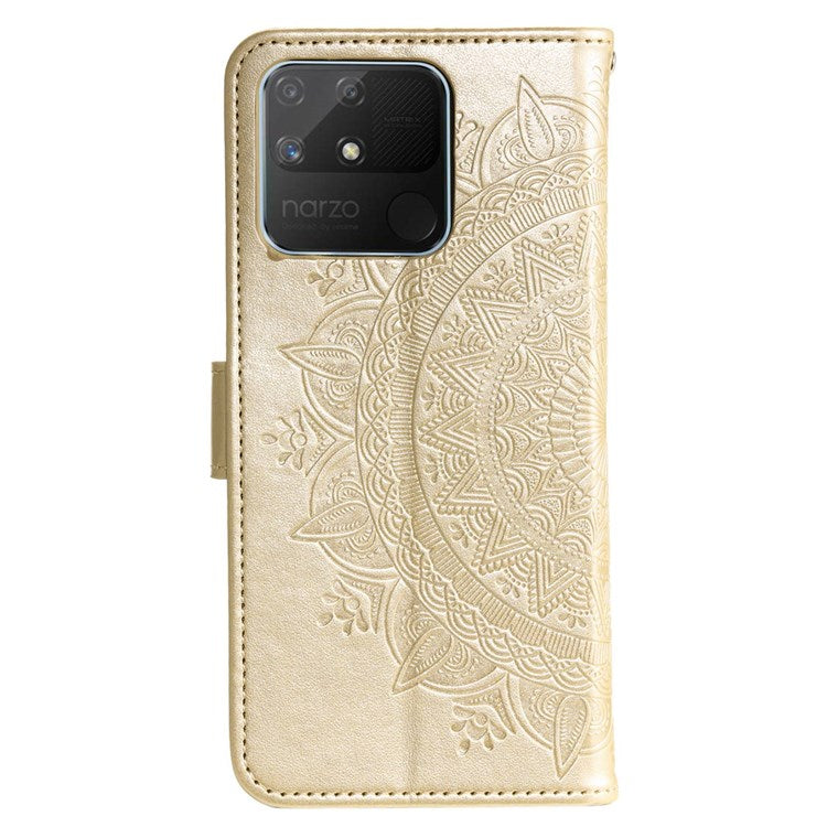For Realme Narzo 50A PU Leather Phone Flip Cover, Wallet Stand Design Well-protected Imprinted Mandala Flower Phone Case - Gold