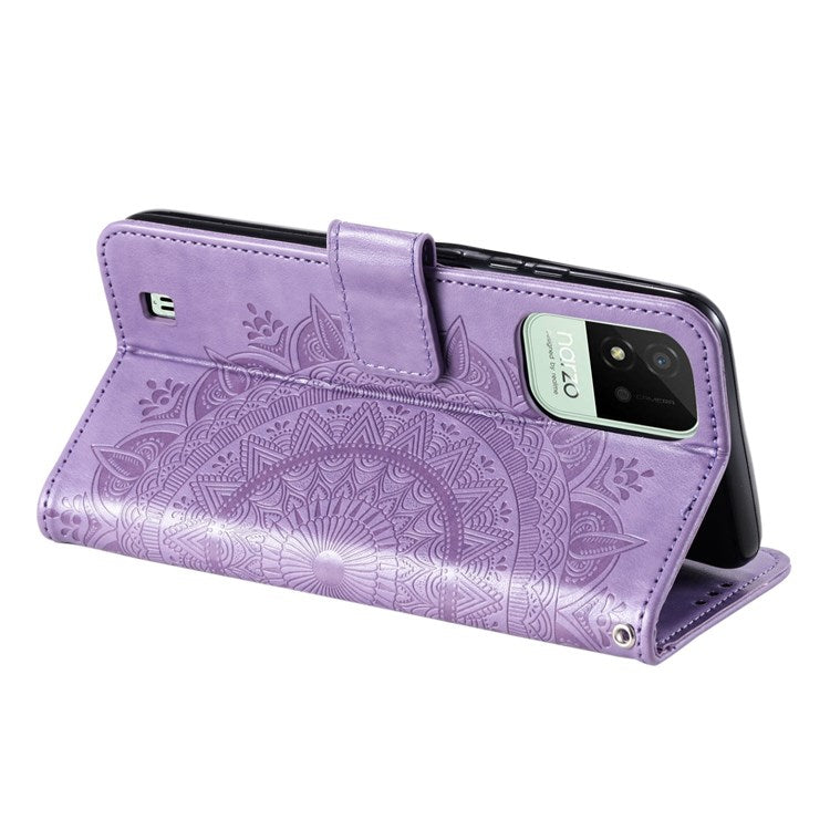 For Realme Narzo 50i Scratch Resistant PU Leather Phone Flip Cover, Wallet Stand Design Imprinted Mandala Flower Phone Case - Purple