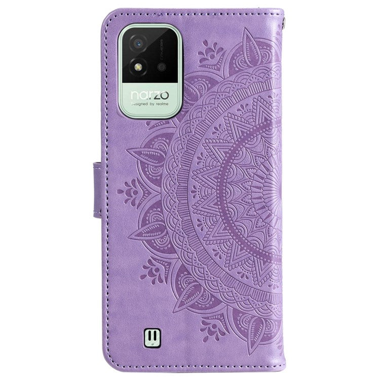 For Realme Narzo 50i Scratch Resistant PU Leather Phone Flip Cover, Wallet Stand Design Imprinted Mandala Flower Phone Case - Purple