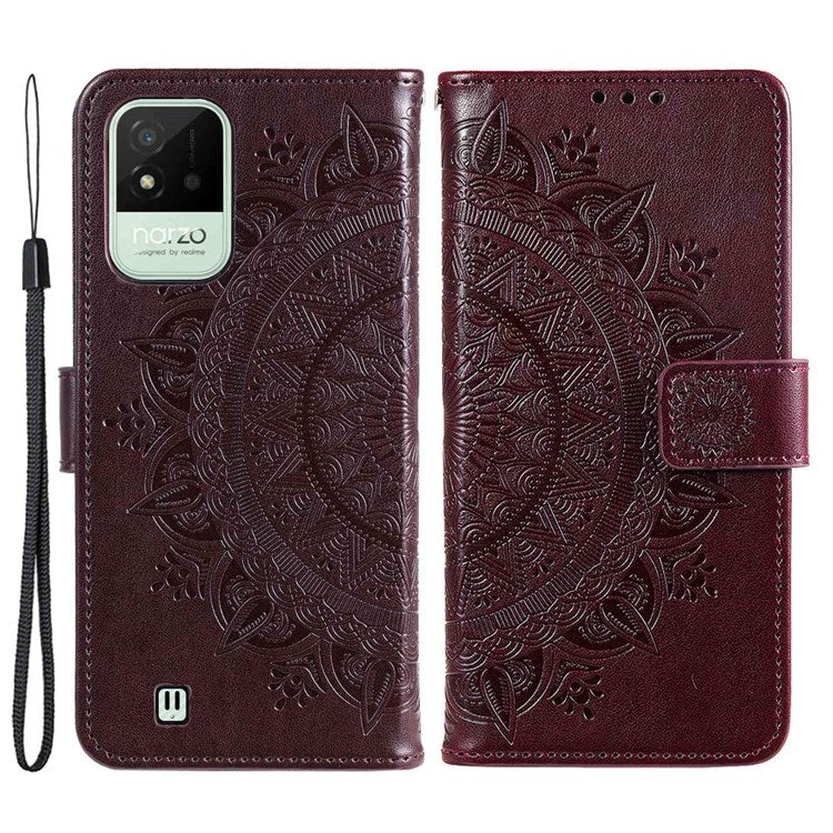 For Realme Narzo 50i Scratch Resistant PU Leather Phone Flip Cover, Wallet Stand Design Imprinted Mandala Flower Phone Case - Brown