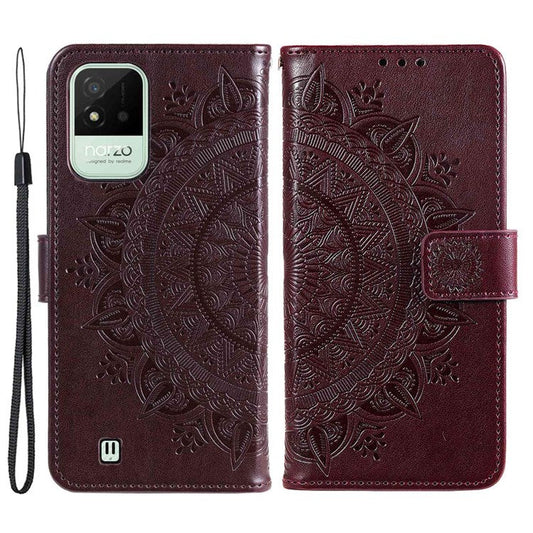 For Realme Narzo 50i Scratch Resistant PU Leather Phone Flip Cover, Wallet Stand Design Imprinted Mandala Flower Phone Case - Brown