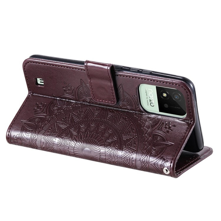 For Realme Narzo 50i Scratch Resistant PU Leather Phone Flip Cover, Wallet Stand Design Imprinted Mandala Flower Phone Case - Brown